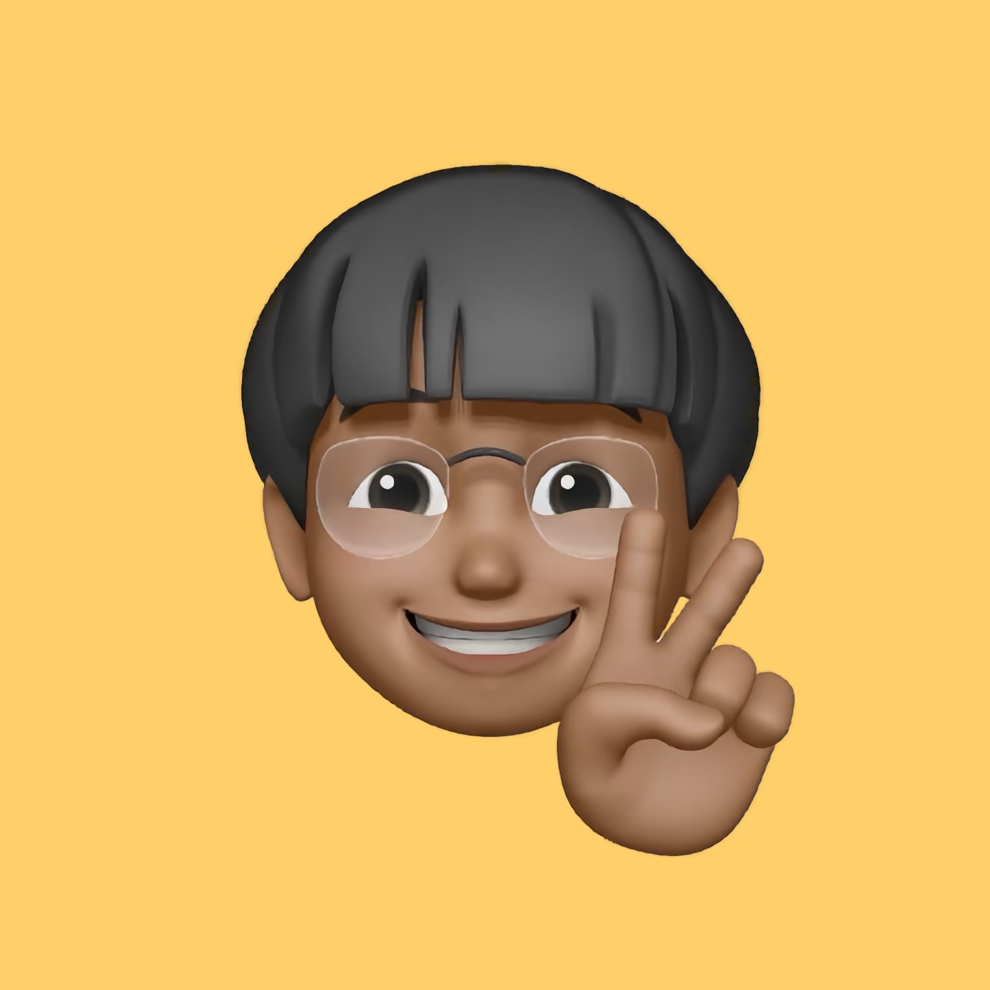 Memoji of a person with Medium length straight hair dark gray hair, wearing transperant specs, smiling and making the peace sign with their fingers. The background is yellow.