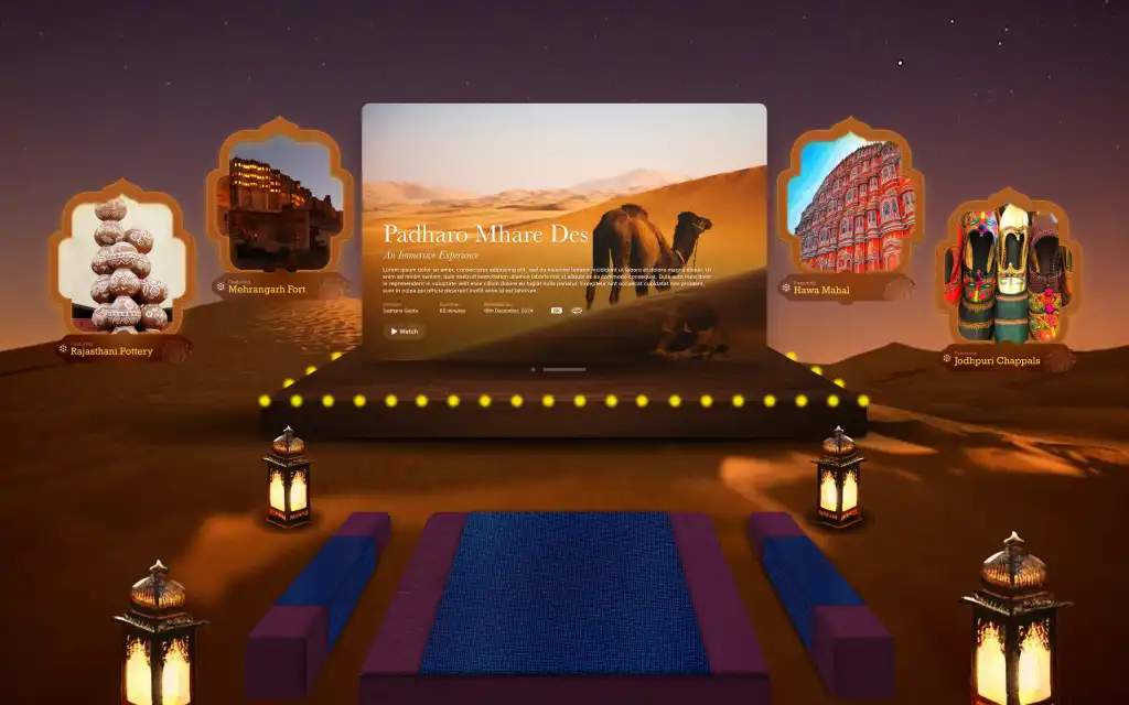 Big screen showing the hero image of a video named Padharo Mhare Des. The screen is on top of a wooden stage in a desert. There are Indian style windows floating on either side of the main window showing featured elements in the video. There is a cusion and two long pillows on its either side in front of the window and there are four lanterns near the corners of the cusion.	